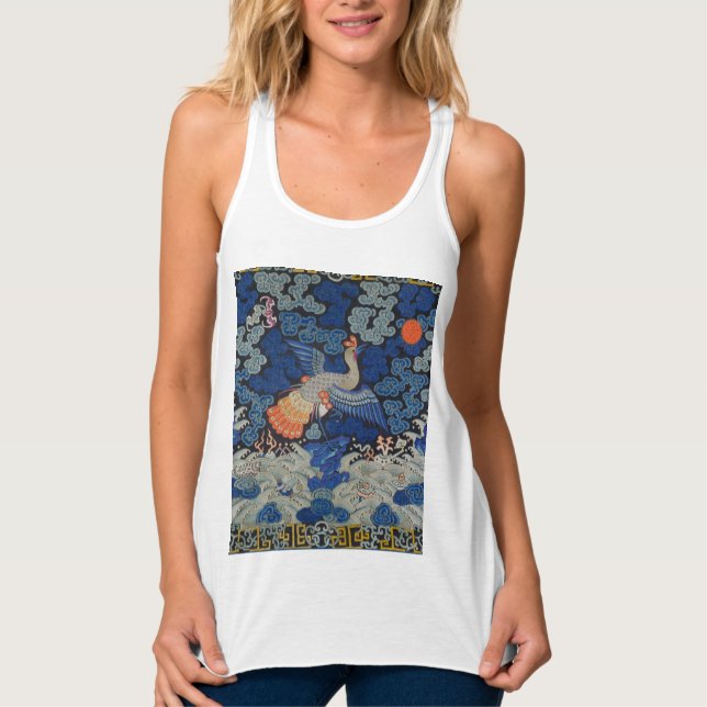 Vintage Chinese Crane Pattern: Imperial Blue Singlet (Front)