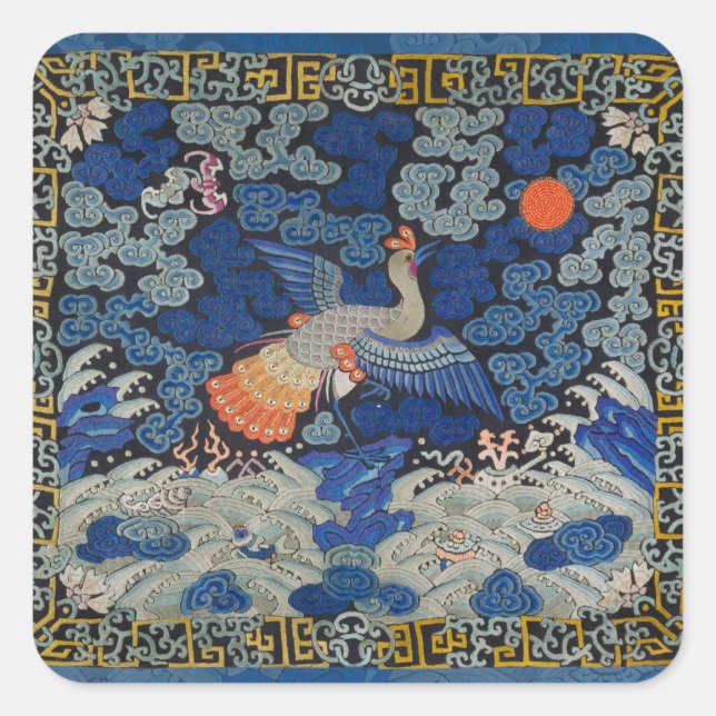 Vintage Chinese Crane Pattern: Imperial Blue Square Sticker (Front)