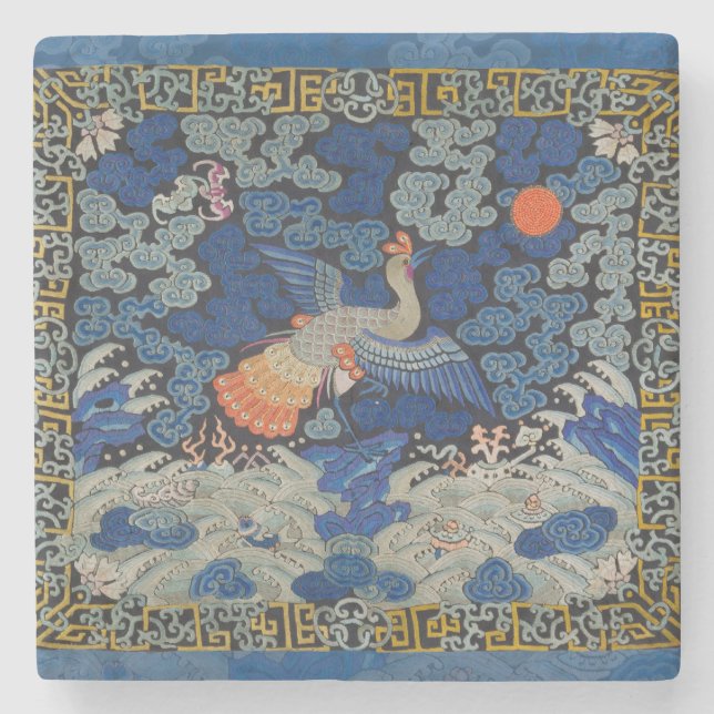 Vintage Chinese Crane Pattern: Imperial Blue Stone Coaster (Front)