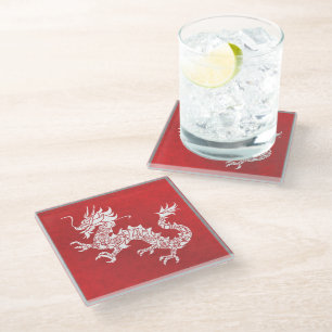 Vintage Chinese Dragon Tribal Emblem Red Glass Coaster