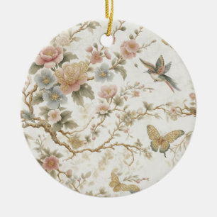 Vintage Chinese Floral Pattern with Hummingbird Ceramic Tree Decoration