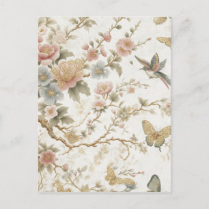 Vintage Chinese Floral Pattern with Hummingbird Postcard
