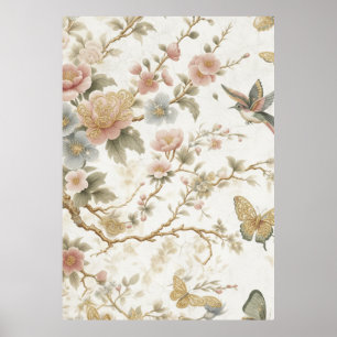Vintage Chinese Floral Pattern with Hummingbird Poster