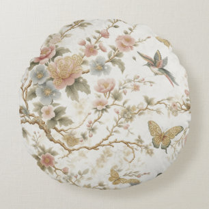 Vintage Chinese Floral Pattern with Hummingbird Round Cushion