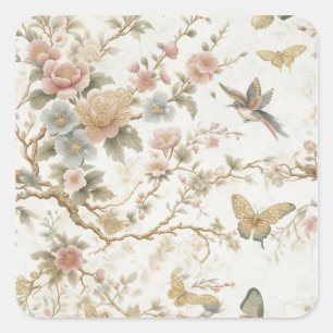 Vintage Chinese Floral Pattern with Hummingbird Square Sticker