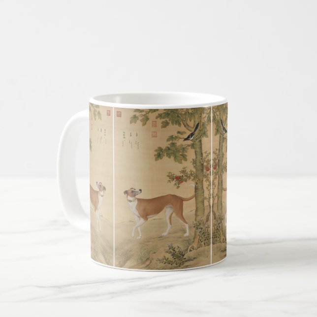 Vintage Chinese Greyhound Dog & Bird Art Coffee Mug (Front Left)