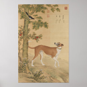Vintage Chinese Greyhound Dog & Bird Art Poster