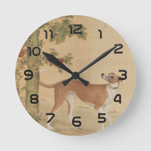 Vintage Chinese Greyhound Dog & Bird Art Round Clock