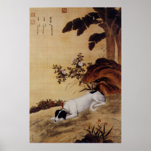 Vintage Chinese Greyhound Under Banana Tree Poster