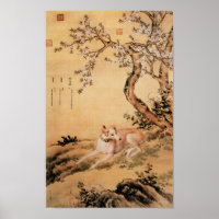 Vintage Chinese Greyhound Under Peach Blossoms