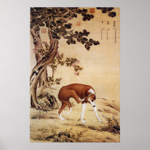 Vintage Chinese Greyhound Under Pine Tree Art Poster