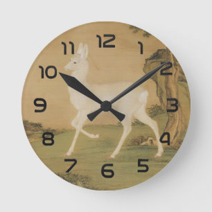 Vintage Chinese Imperial Art White Deer Painting Round Clock