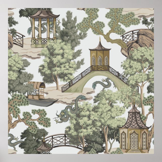 Vintage Chinese landscape seamless pattern. Chinoi Poster (Front)