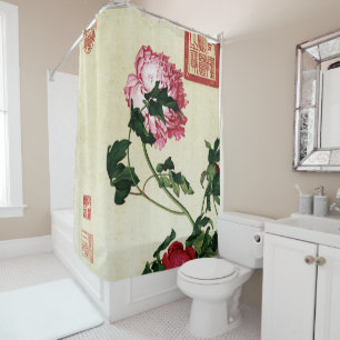 Vintage Chinese Pink Peony Flower Art Shower Curtain