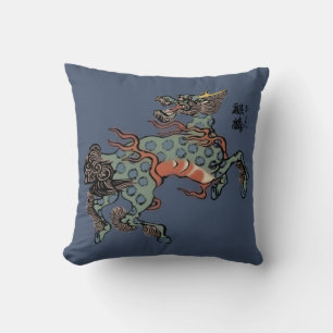 Vintage Chinese Qilin on Blue Jeans Blue Cushion