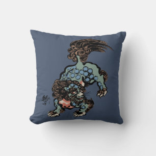Vintage Chinese Shi Lion on Blue Jeans Blue Cushion
