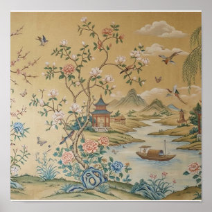 Vintage Chinoiserie Asian Landscape Painting Poster