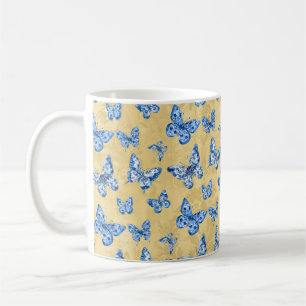 Vintage Chinoiserie Blue Butterflies Faded Damask Coffee Mug