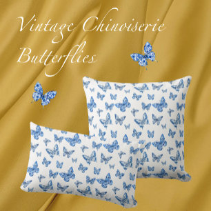 Vintage Chinoiserie Blue Butterflies Faded Damask  Cushion