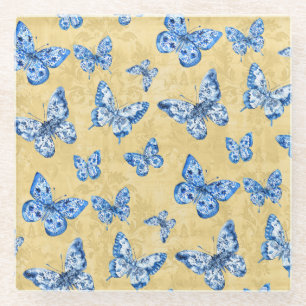 Vintage Chinoiserie Blue Butterflies Faded Damask Glass Coaster