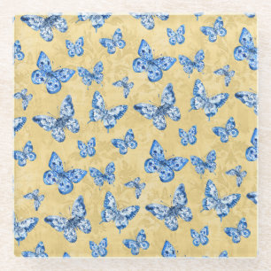 Vintage Chinoiserie Blue Butterflies Faded Damask Glass Coaster