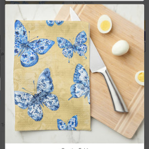 Vintage Chinoiserie Blue Butterflies Faded Damask  Tea Towel