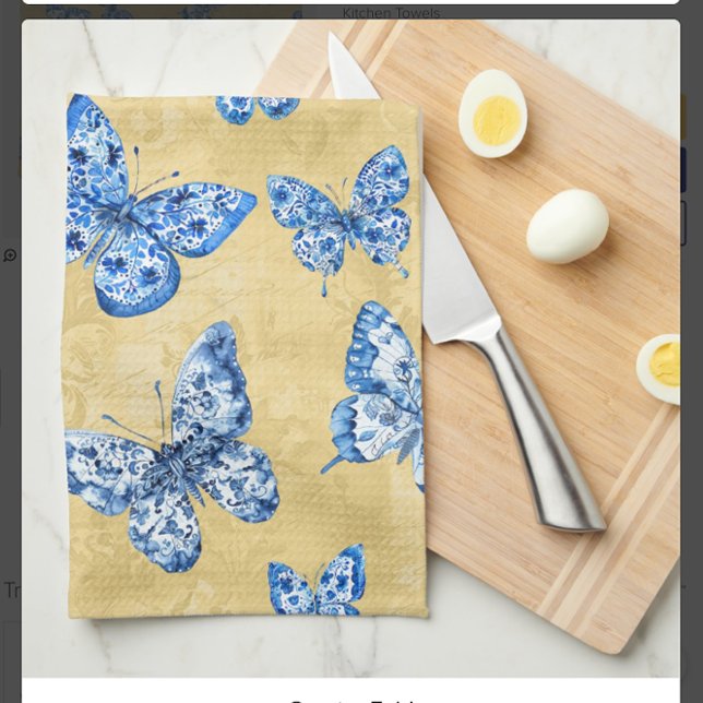 Vintage Chinoiserie Blue Butterflies Faded Damask  Tea Towel (Creator Uploaded)