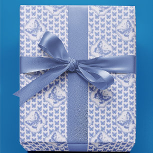Vintage Chinoiserie Blue Butterflies on White Wrapping Paper
