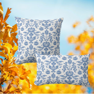 Vintage Chinoiserie Blue White Autumn Pumpkins Lumbar Cushion