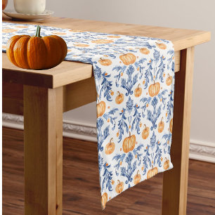 Vintage Chinoiserie Blue White Autumn Pumpkins Medium Table Runner