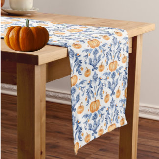 Vintage Chinoiserie Blue White Autumn Pumpkins Medium Table Runner