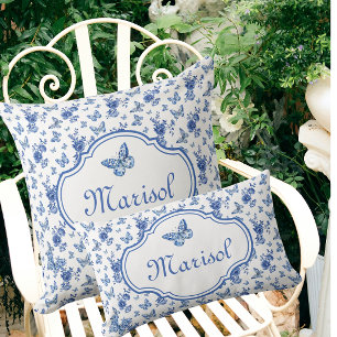 Vintage Chinoiserie Blue White Butterflies Flowers Cushion