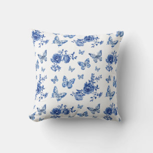 Vintage Chinoiserie Blue White Butterflies Flowers Cushion
