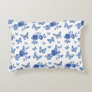 Vintage Chinoiserie Blue White Butterflies Flowers Decorative Cushion