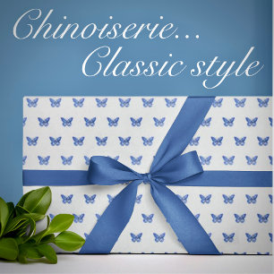 Vintage Chinoiserie Blue White Butterflies Wrapping Paper