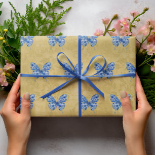 Vintage Chinoiserie Blue White Butterfly Gold Wrapping Paper