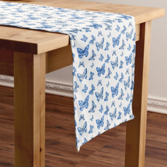 Vintage Chinoiserie Blue White Butterfly Medium Table Runner (Welcome spring with this chinoiserie blue and white butterflies table runner)