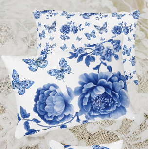 Vintage Chinoiserie Blue White Butterfly Roses Decorative Cushion