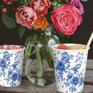 Vintage Chinoiserie Blue White Butterfly Roses Paper Cups