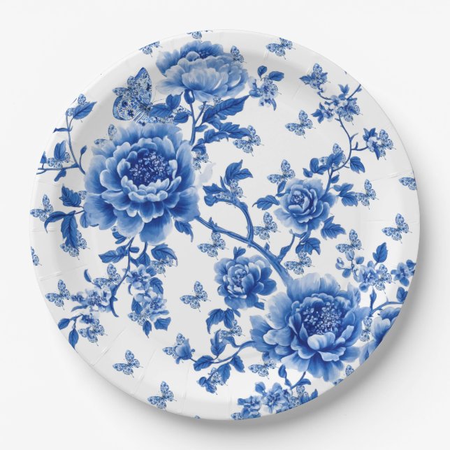 Vintage Chinoiserie Blue White Butterfly Roses  Paper Plate (Front)