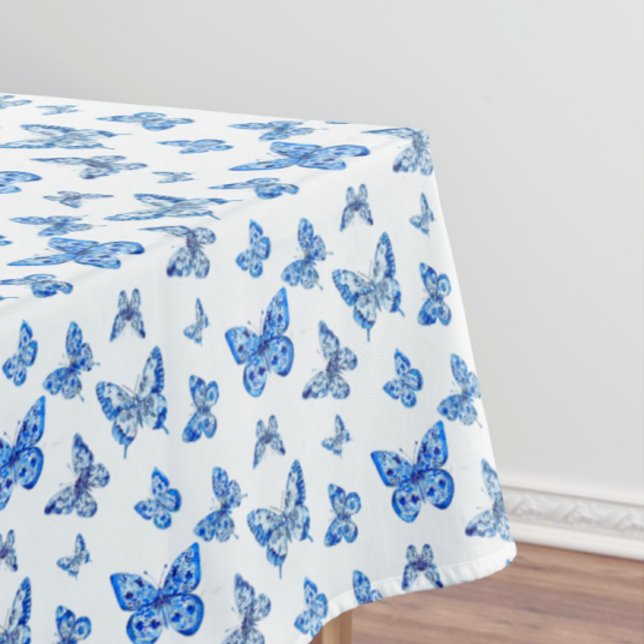 Vintage Chinoiserie Blue White Butterfly Tablecloth (Welcome Spring with this Chinoiserie blue and white butterfly tablecloth.)