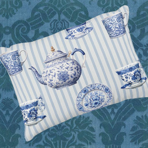 Vintage Chinoiserie Blue White Dishes Blue Stripe Lumbar Cushion