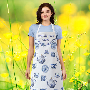 Vintage Chinoiserie Blue White Teapot Personalized Apron