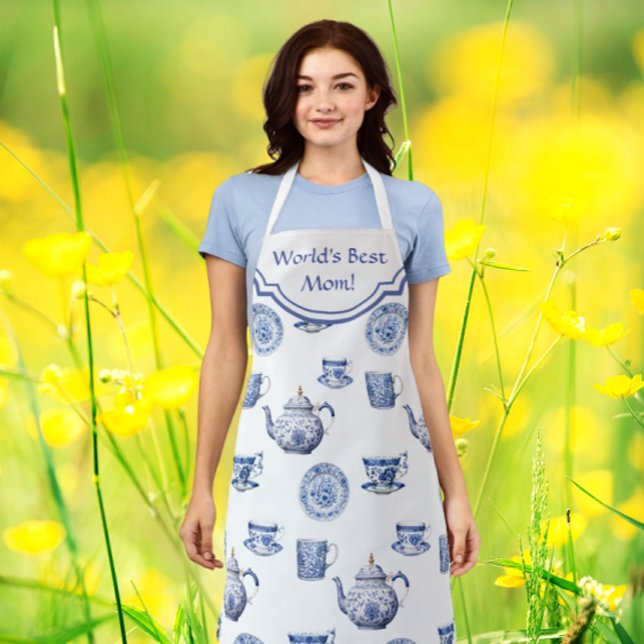 Vintage Chinoiserie Blue White Teapot Personalized Apron (Perfect for Mothers Day. Personalize it!)