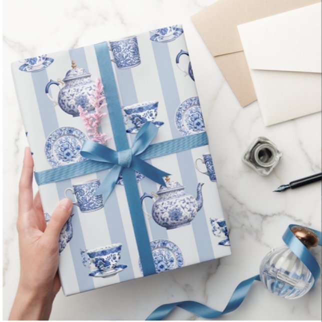 Vintage Chinoiserie Blue White Teapots Cups Wrapping Paper (Perfect chinoiserie all occasion gift wrap!)