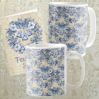 Vintage Chinoiserie Blue Wreath Bells Holiday Coffee Mug