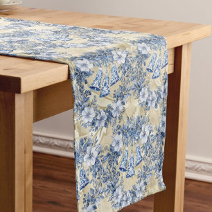 Vintage Chinoiserie Blue Wreath Bells Holiday Medium Table Runner