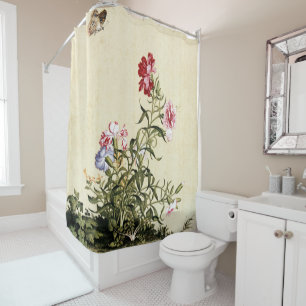 Vintage Chinoiserie Carnations & Butterfly Art Shower Curtain