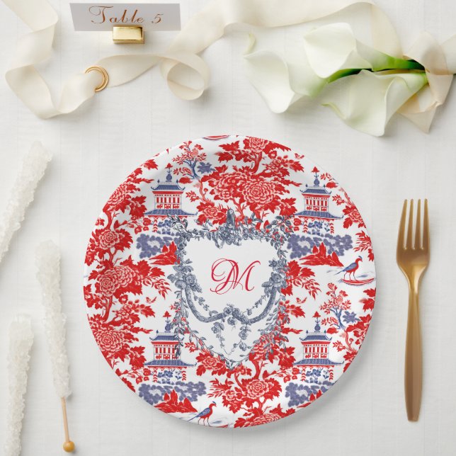 Vintage Chinoiserie Delft French Blue monogram Paper Plate (Wedding)