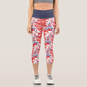 Vintage Chinoiserie Delft French red Blue Capri Leggings